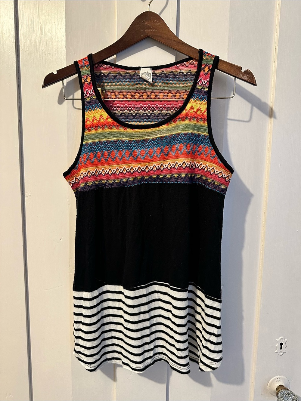 Sun n Moon Multicolor Patterned Tank with Black Midsection and Striped Hem